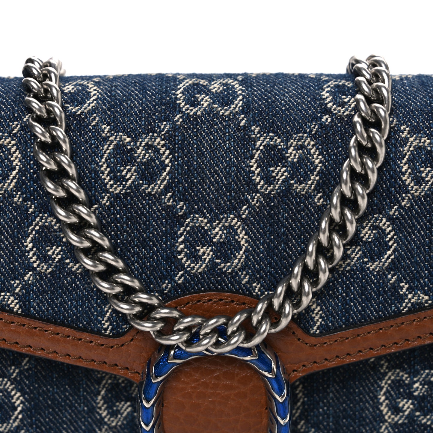 New Denim GG Monogram Dollar Calfskin Enamel Mini Dionysus Chain Wallet Blue Tea Cuir Epilog Electric Blue