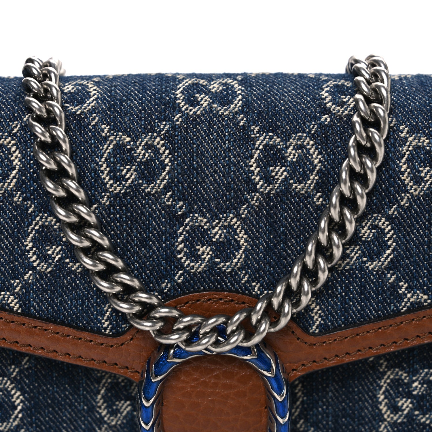 Gucci New Denim GG Monogram Dollar Calfskin Enamel Mini Dionysus Chain Wallet Blue Tea Cuir Epilog Electric Blue 8 of 10