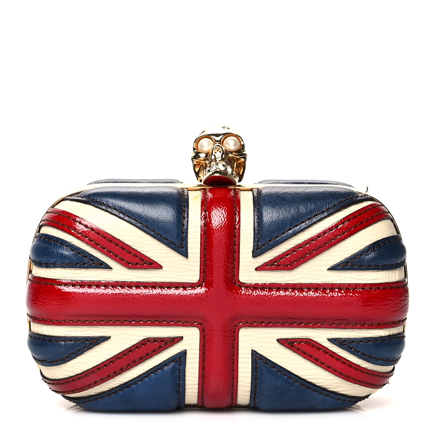 Alexander McQueen Patent Calfskin Britannia Skull Box Clutch Red Blue 1 of 12