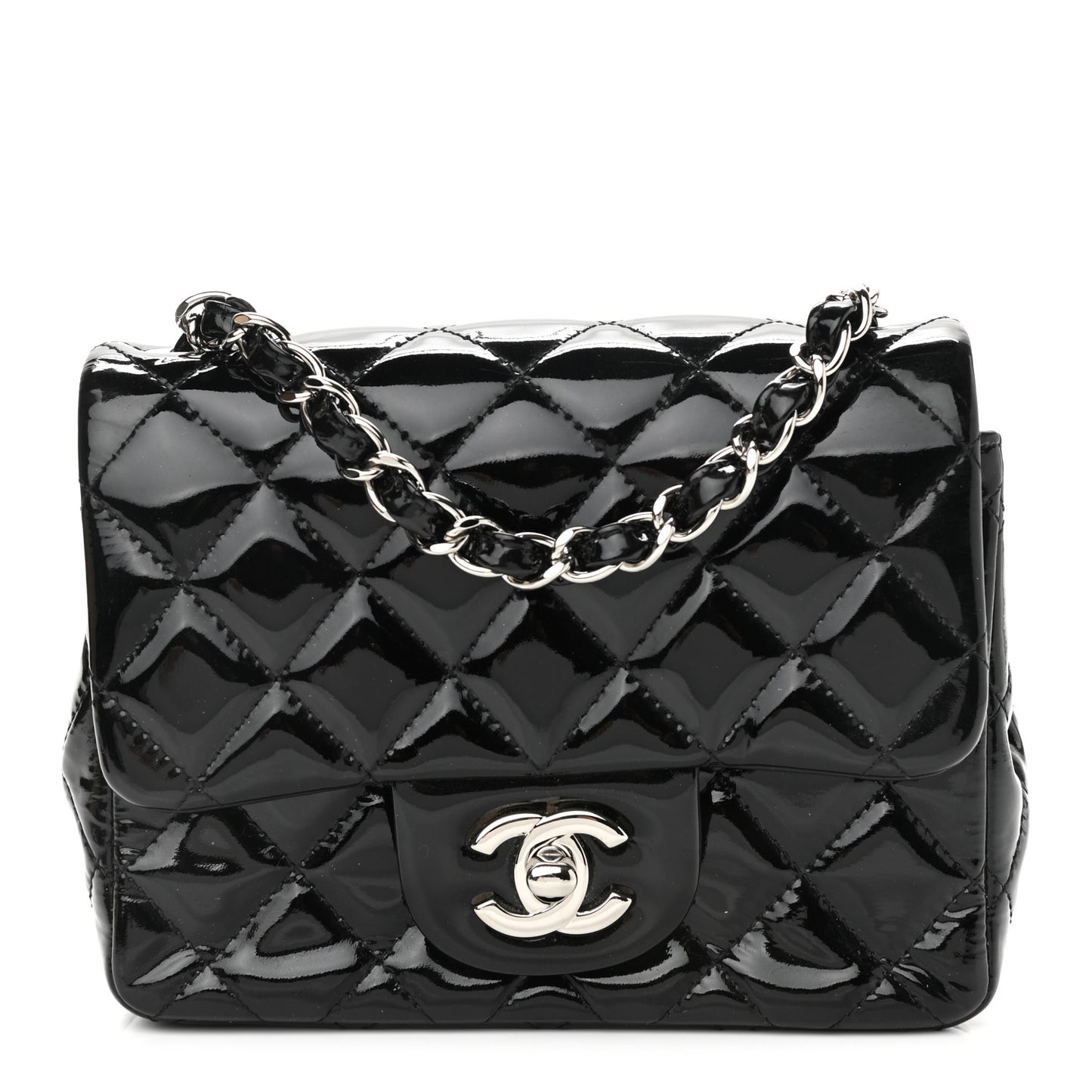 Patent Calfskin Quilted Mini Square Flap Black