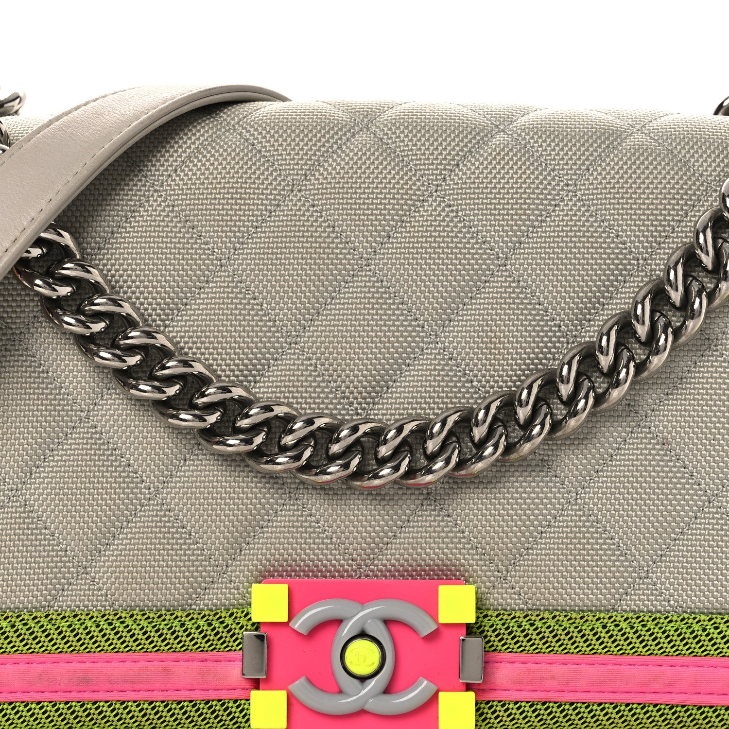 Chanel Canvas Quilted Medium Fluo Boy Flap Dark Grey Fuchsia Green 8 of 18
