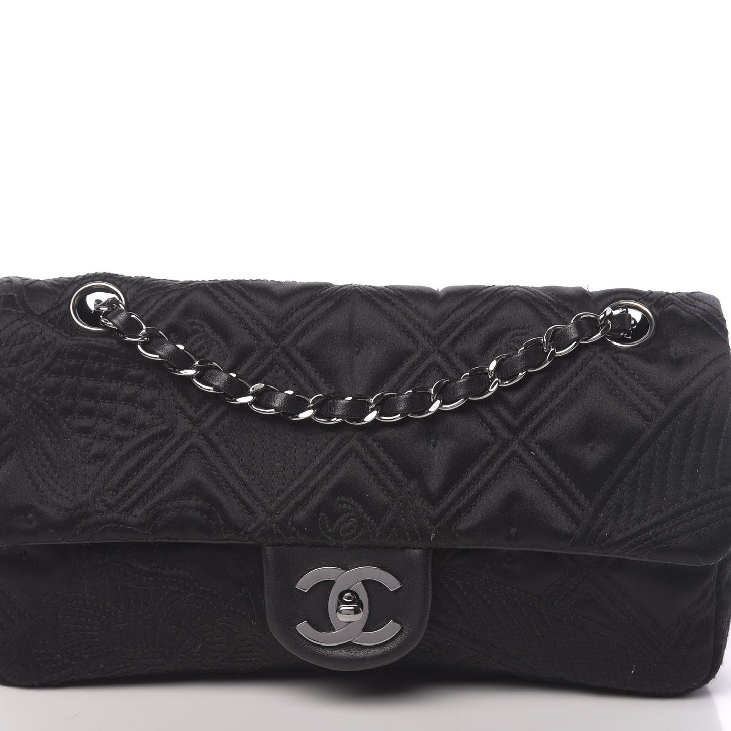 Satin Embroidered Medium Camellia Flap Black