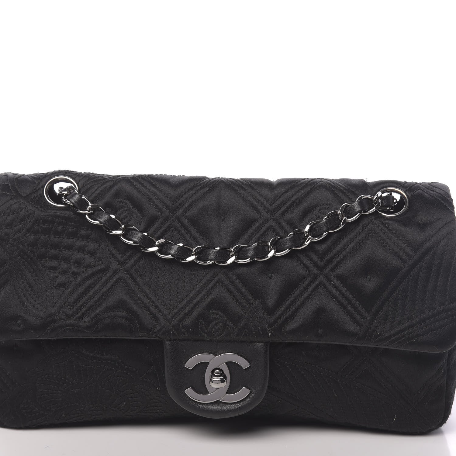 Chanel Satin Embroidered Medium Camellia Flap Black 12 of 13