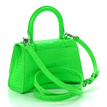Balenciaga Shiny Calfskin Crocodile Embossed Hourglass Top Handle Bag XS Fluo Green 3 of 9