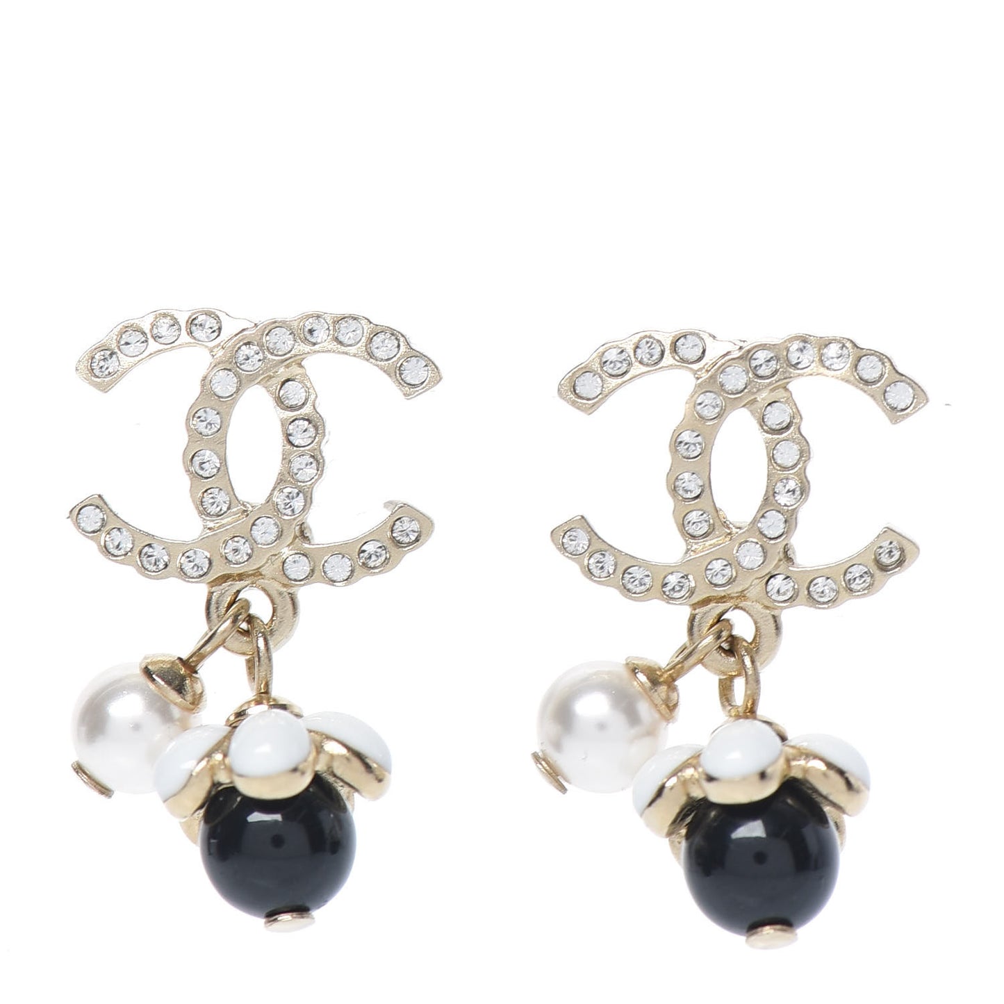 Crystal Bead Pearl CC Drop Earrings Gold White Black