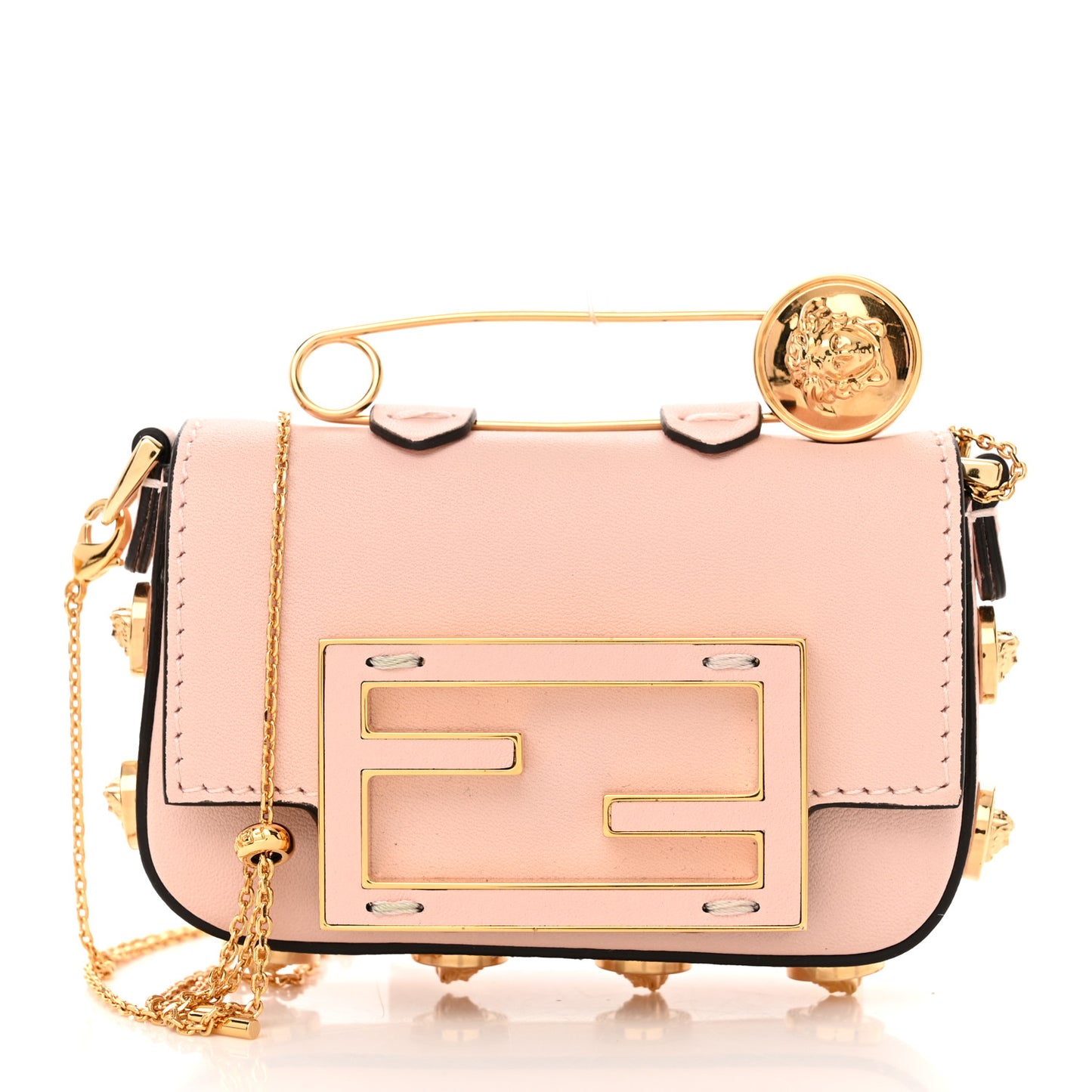 X VERSACE Vitello Seta Fendace Studded Nano Brooch Baguette Rosa Confetto