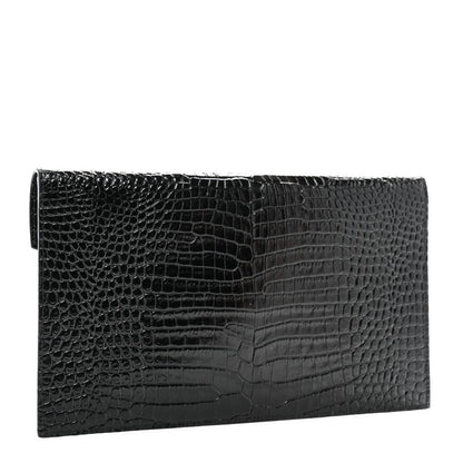 Saint Laurent Calfskin Crocodile Embossed Uptown Monogram Pouch Black 3 of 8