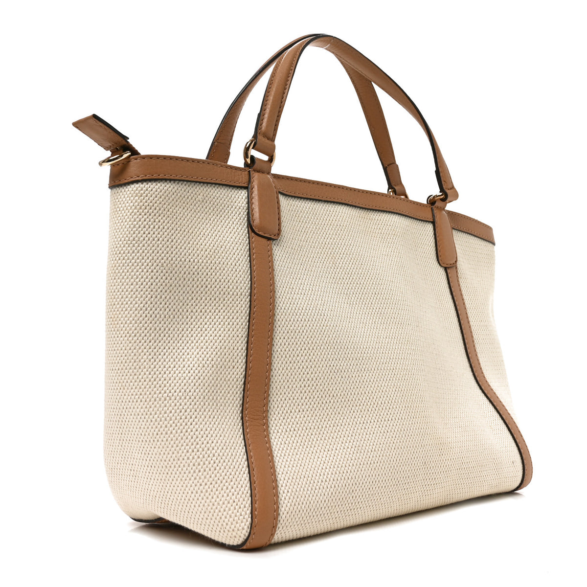 Gucci Linen Canvas Pebbled Calfskin Small Soho Top Handle Bag White Camelia 3 of 10