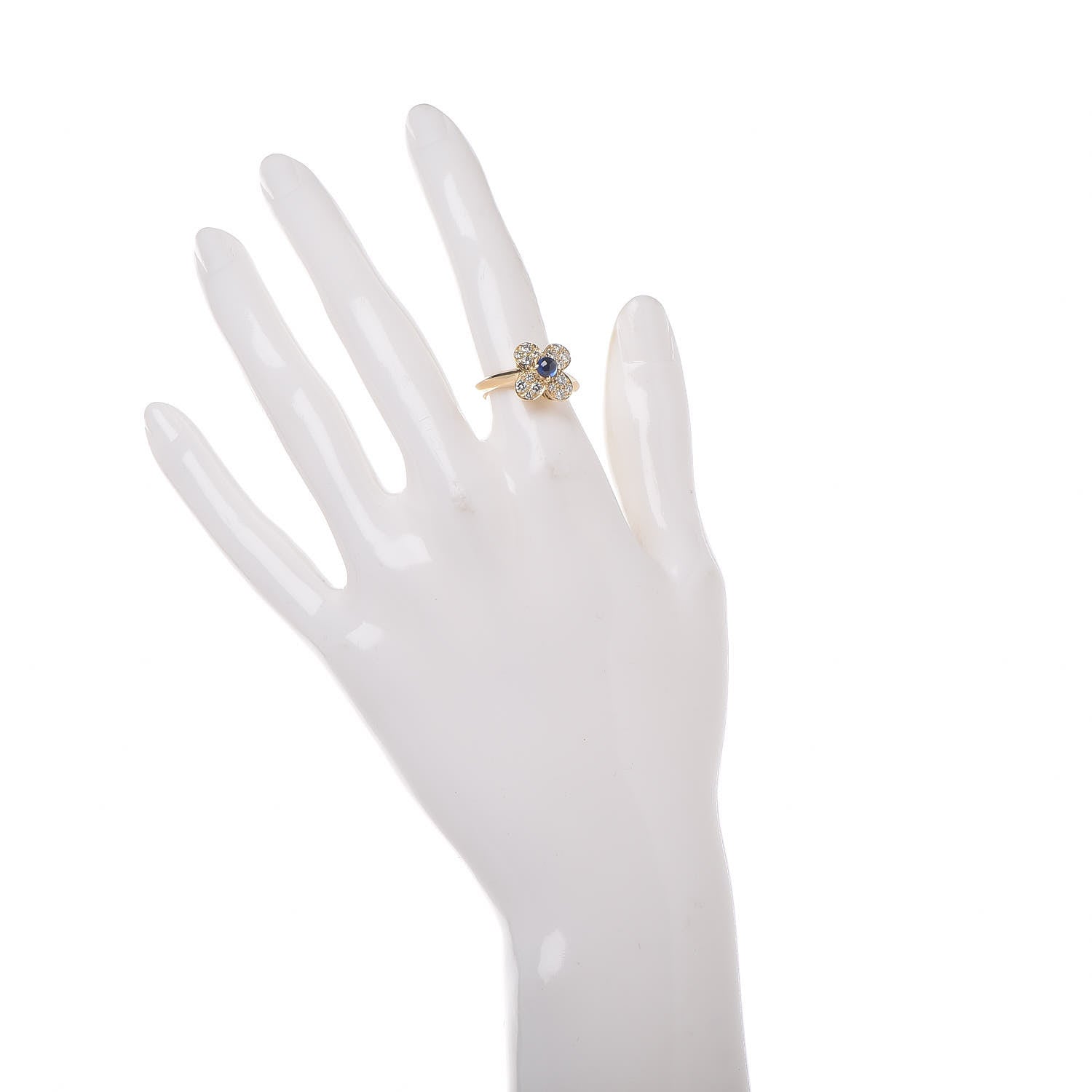 Van Cleef & Arpels 18K Yellow Gold Diamond Blue Sapphire Trefle Ring 50 5.5 2 of 9