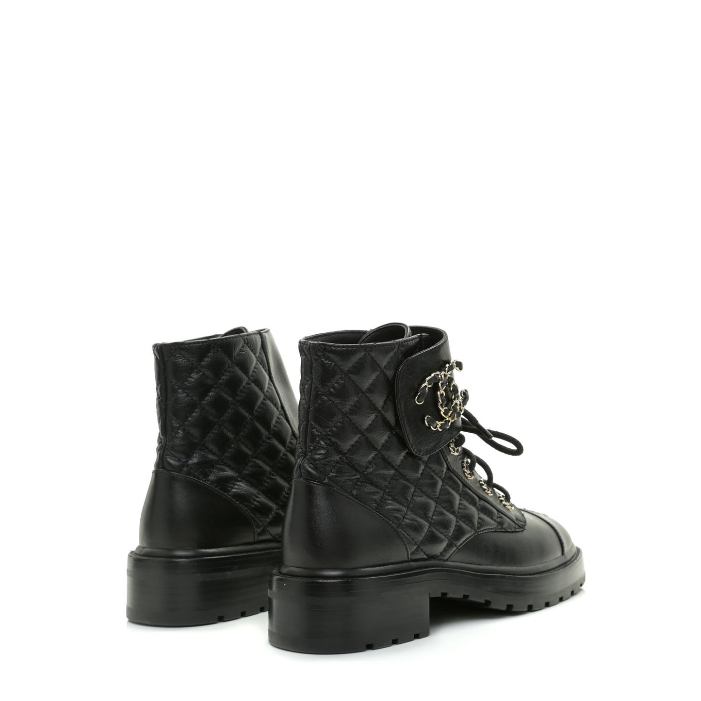 Shiny Goatskin Calfskin Quilted Lace Up Combat Boots 40 Black