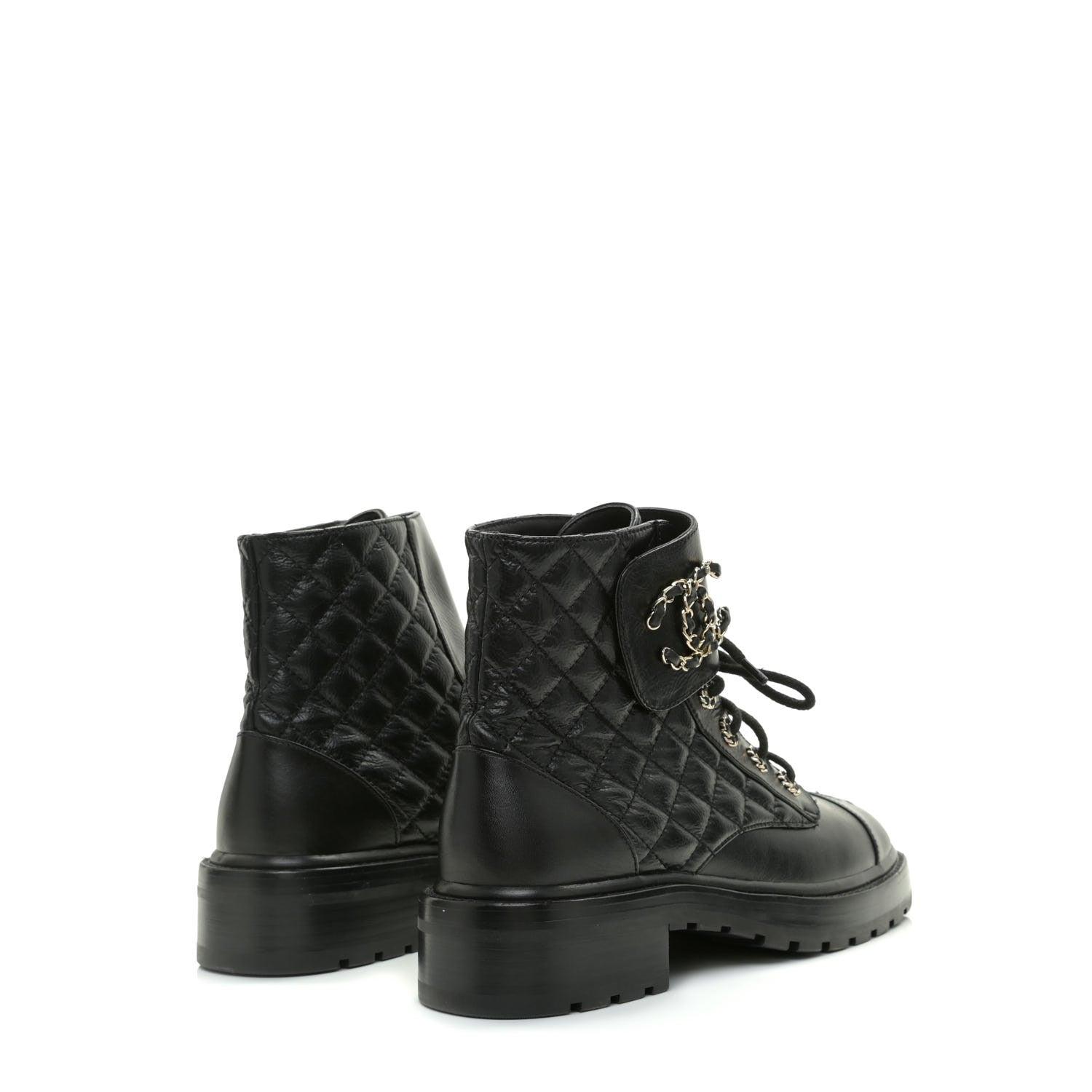 Chanel Shiny Goatskin Calfskin Quilted Lace Up Combat Boots 40 Black 3 of 9