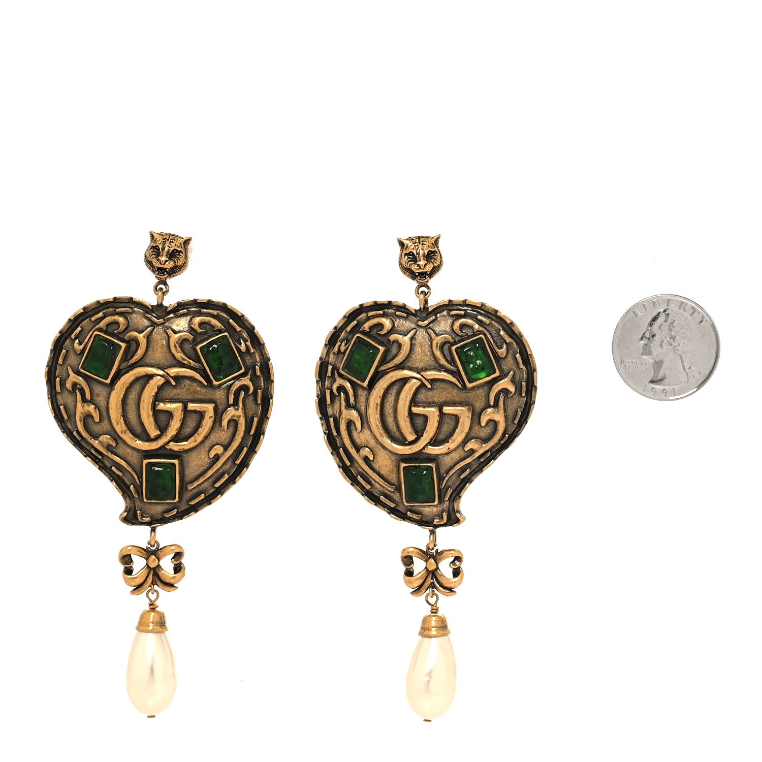 Gucci Metal Pearl Resin Heart Double G Drop Earrings Aged Gold Green 2 of 5