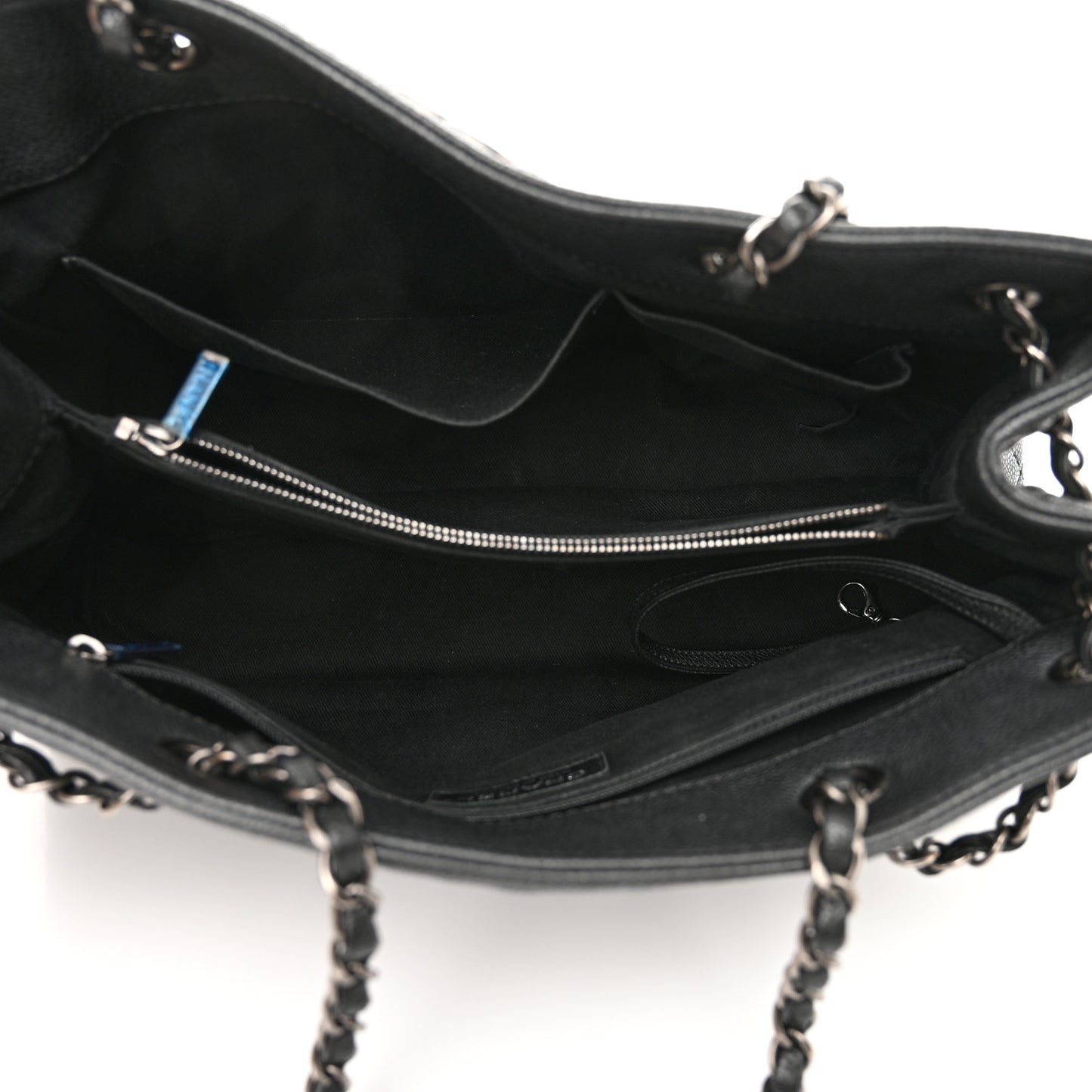 Metallic Grained Calfskin Medium Woven Chain Shopping Tote Black