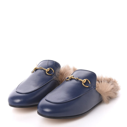 Gucci Malaga Kid Fur Womens Princetown Slippers 37 Blue Agata 3 of 8