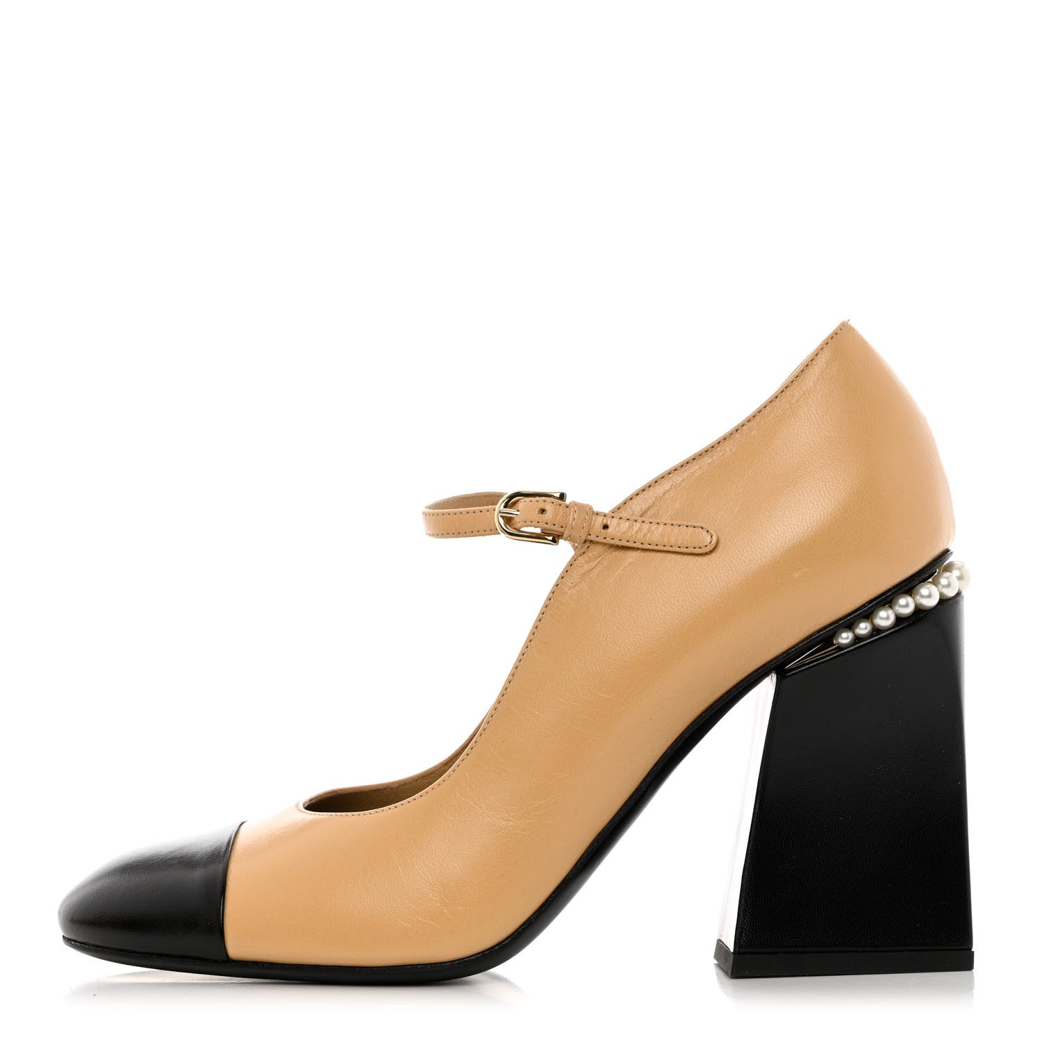 Chanel Shiny Goatskin Pearls Cap Toe Open Slingback Pumps 40 Beige Black 1 of 12