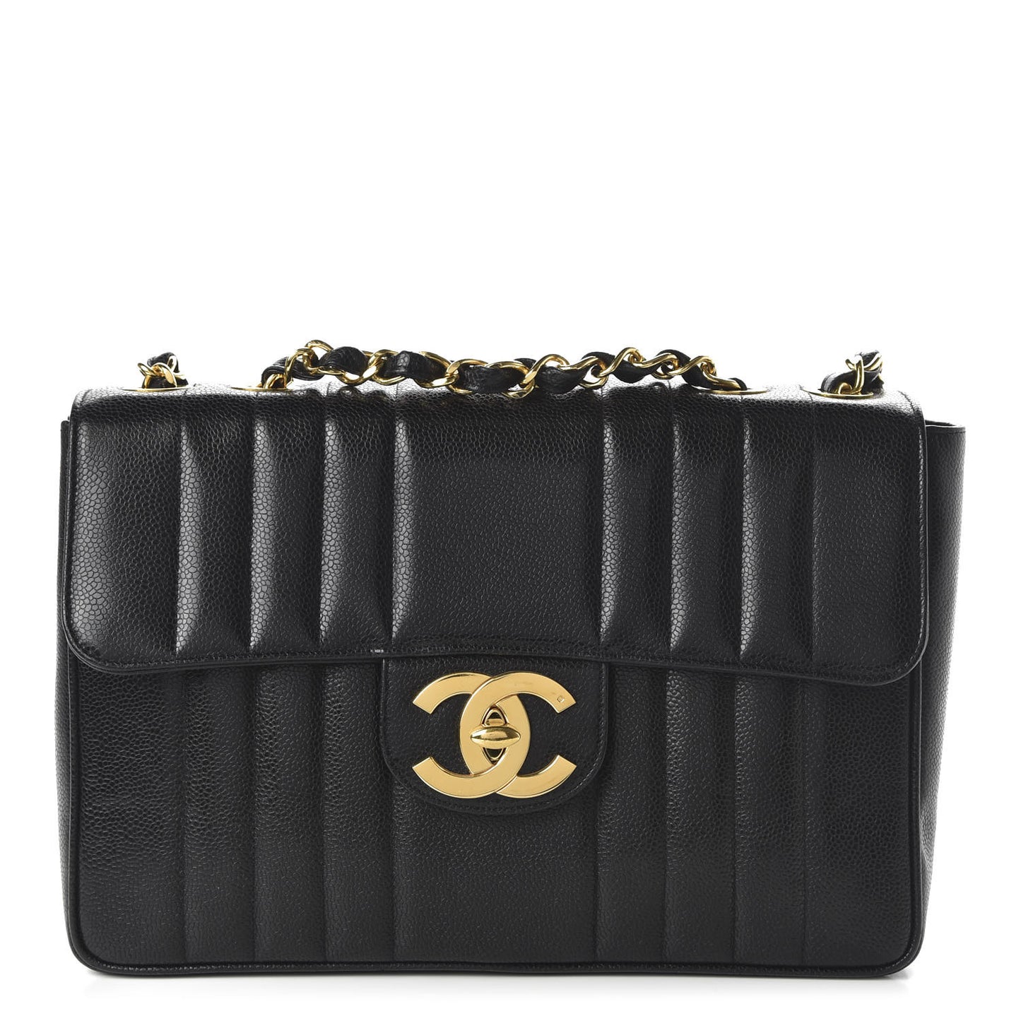 Caviar Vertical Quilted Single Flap Black