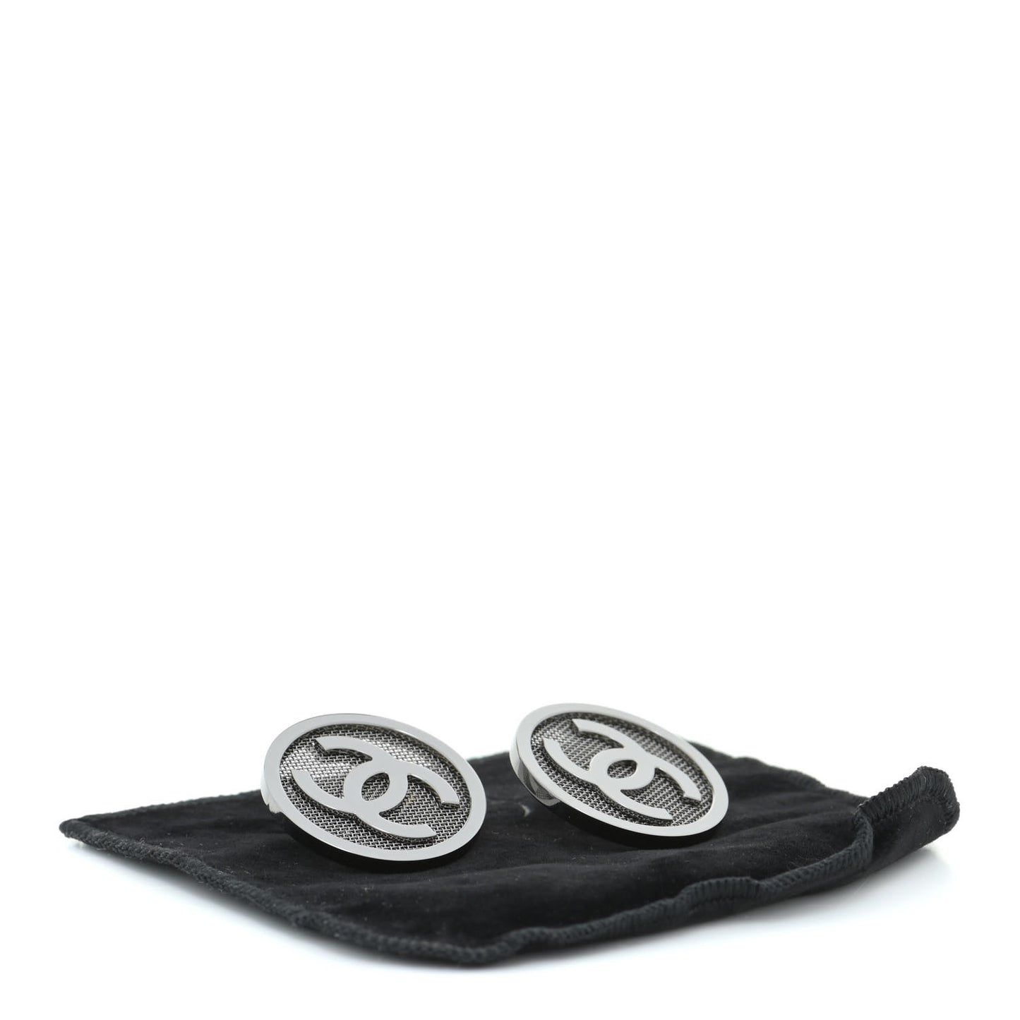 Metal Mesh Circle CC Clip On Earrings Silver