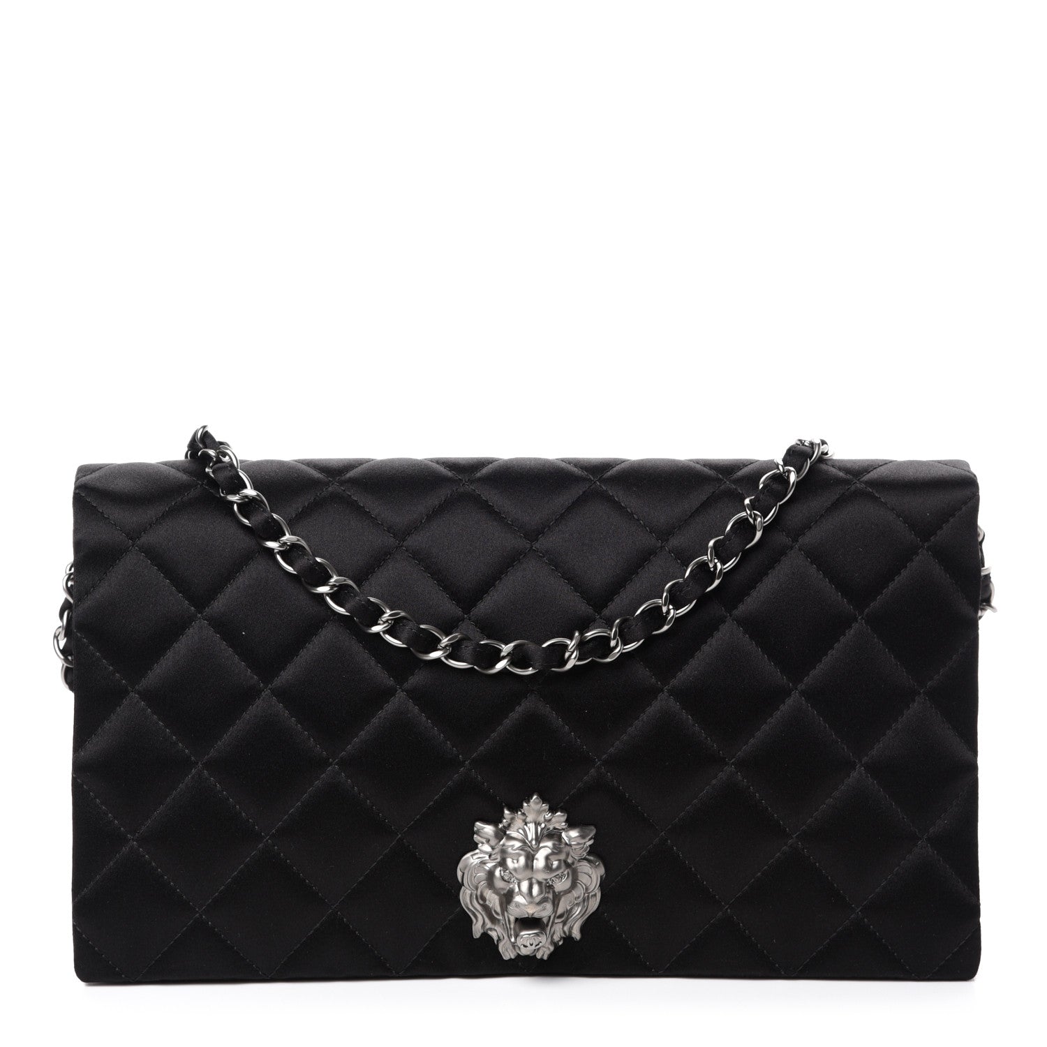 Chanel Satin Quilted Medium Leo Lion Flap Clutch Black 1 of 10