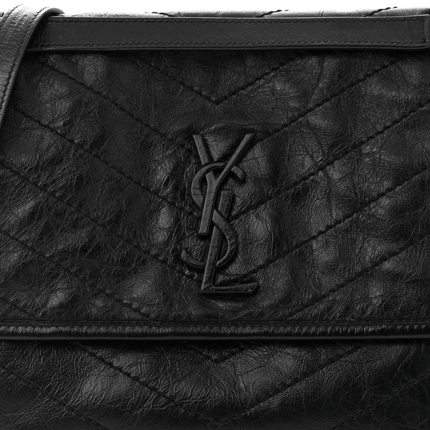 Crinkled Calfskin Matelasse Monogram Medium Niki Chain Satchel Black