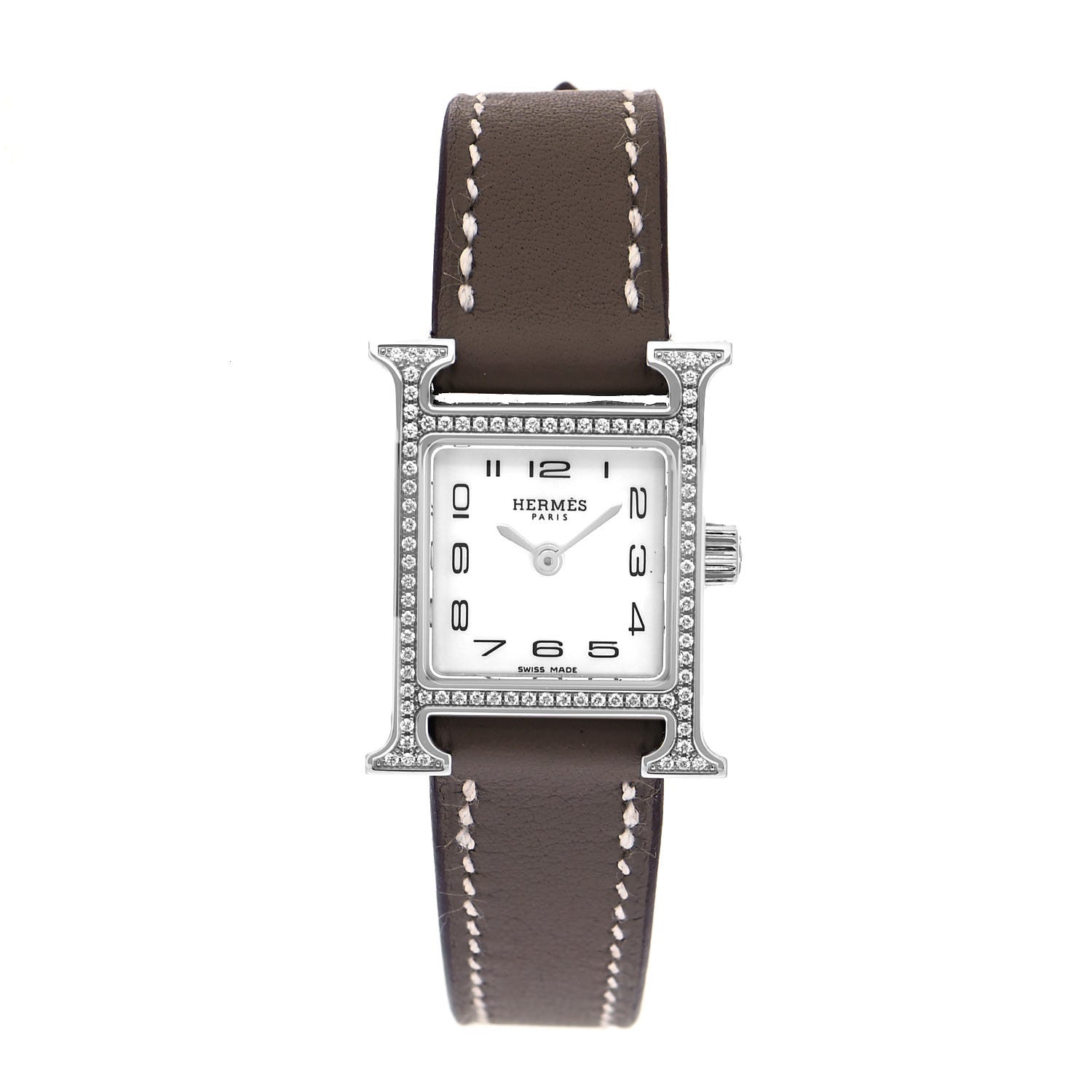Hermes Stainless Steel Swift Diamond Bezel Mother of Pearl 17.2mm Heure H Hour Quartz Watch Etoupe 1 of 5