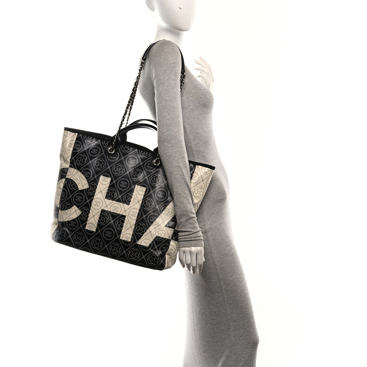 Chanel Coated Canvas Camellia Medium Shopping Tote Black Beige 2 of 10