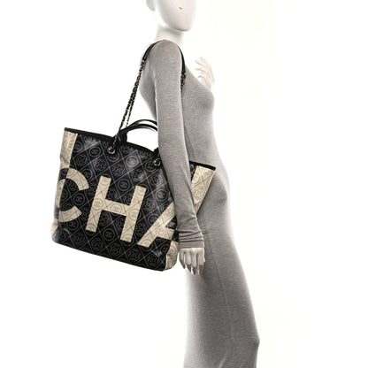 Chanel Coated Canvas Camellia Medium Shopping Tote Black Beige 2 of 10