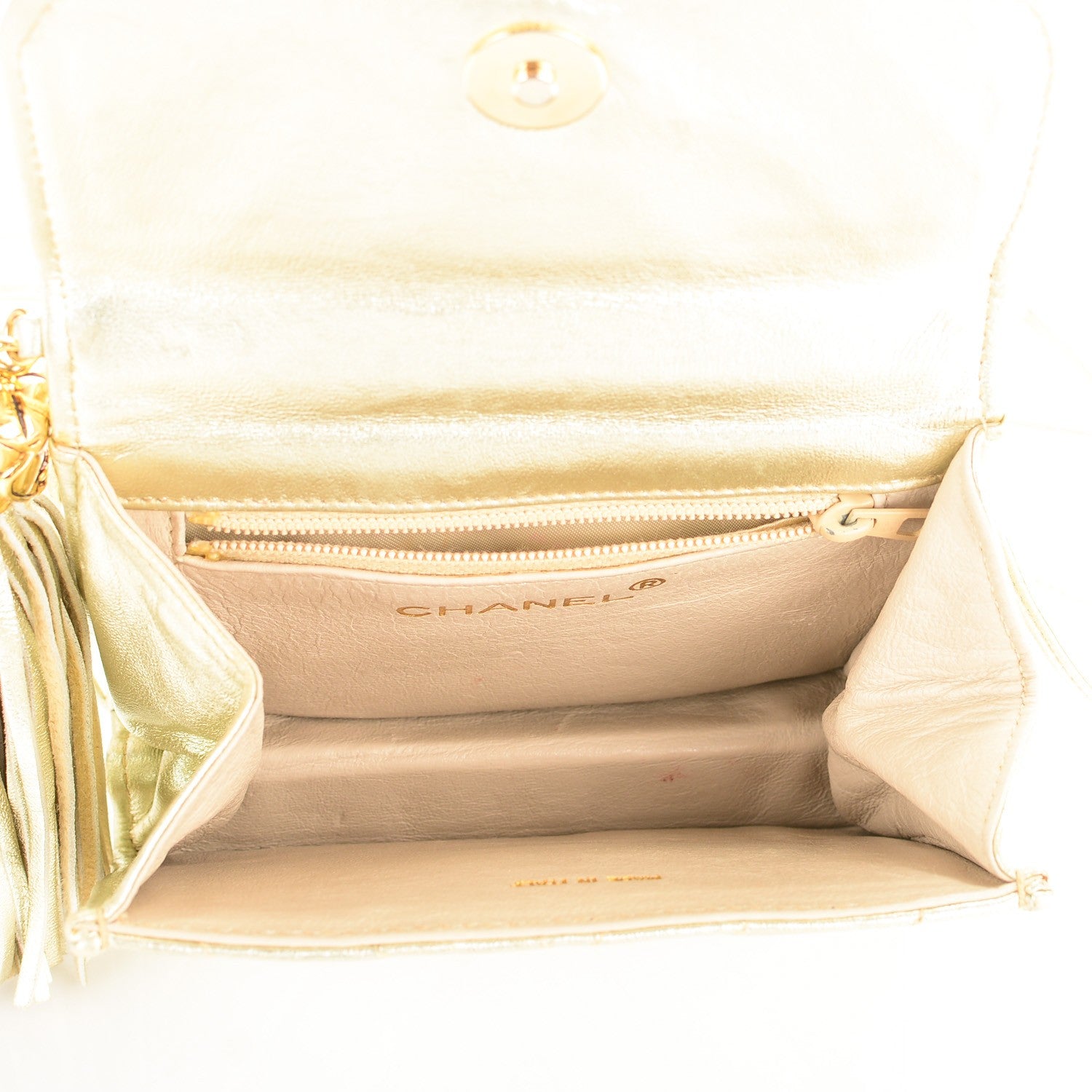 Chanel Metallic Lambskin Chevron Quilted Mini Square Tassel Flap Gold 5 of 9