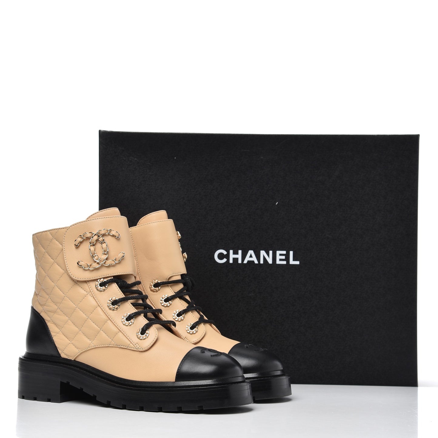 Lambskin Calfskin Quilted Lace Up Combat Boots 37 Beige Black