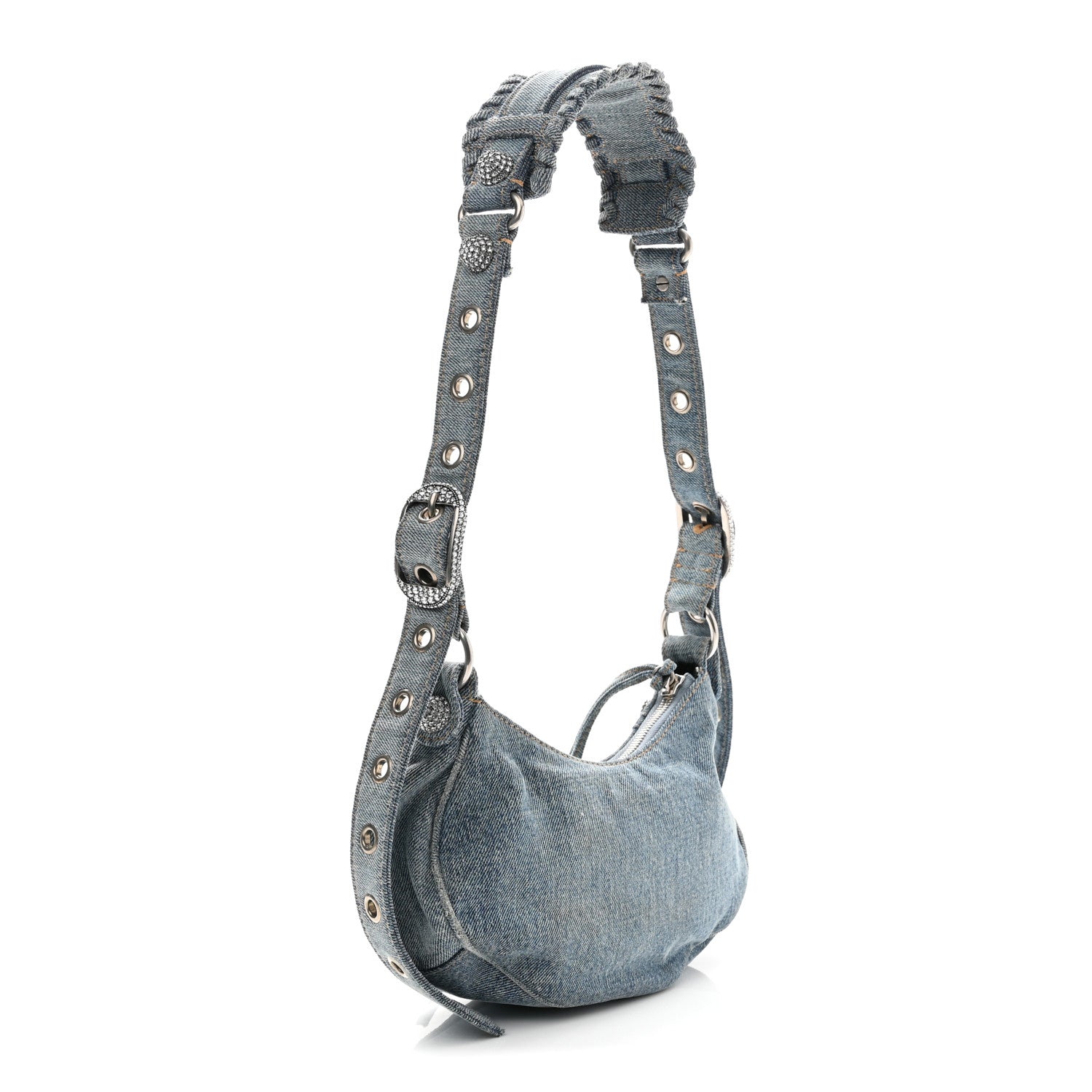 Balenciaga Washed Frayed Denim Crystal Le Cagole Shoulder Bag XS
