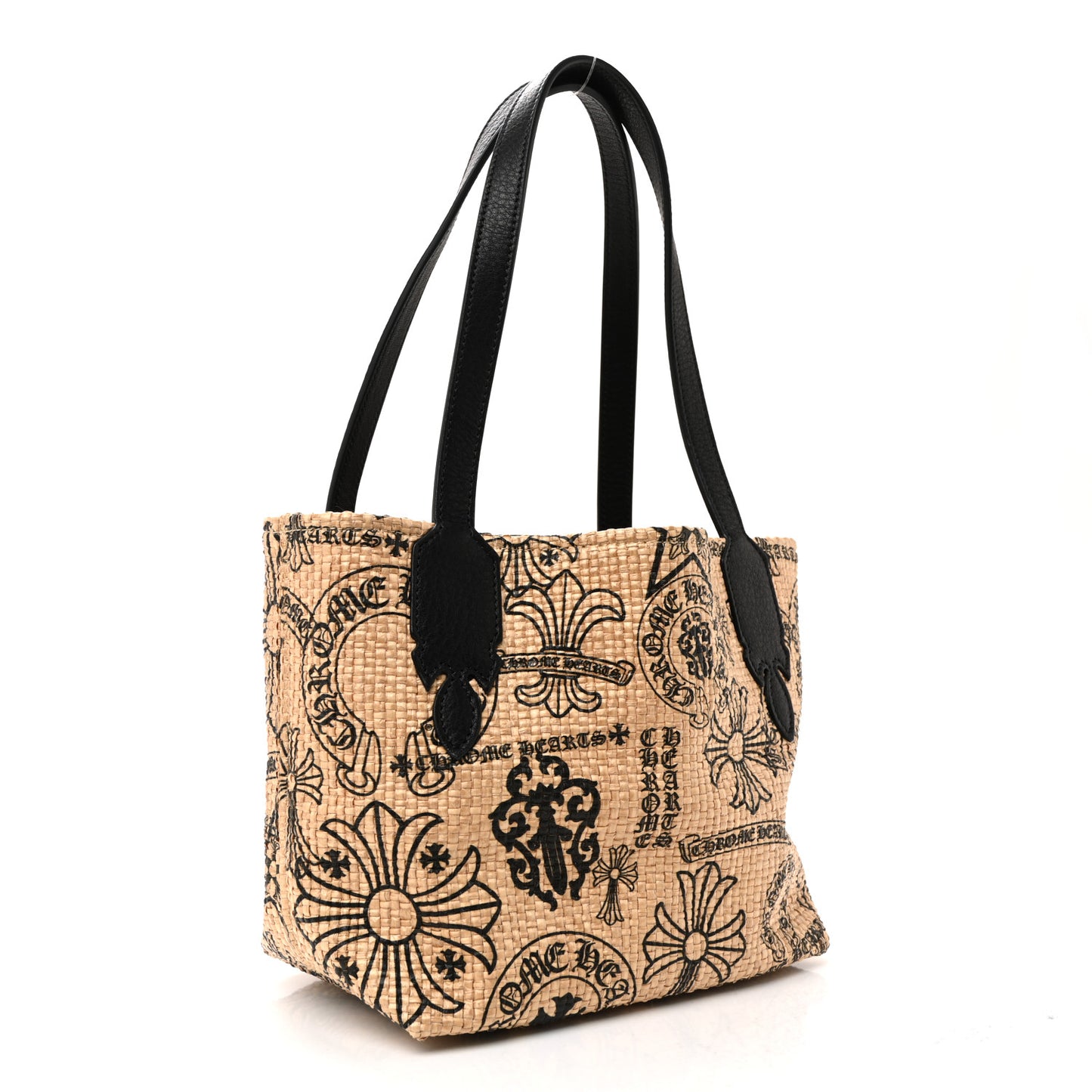 Grained Calfskin Raffia Small Cross Tote Natural Black