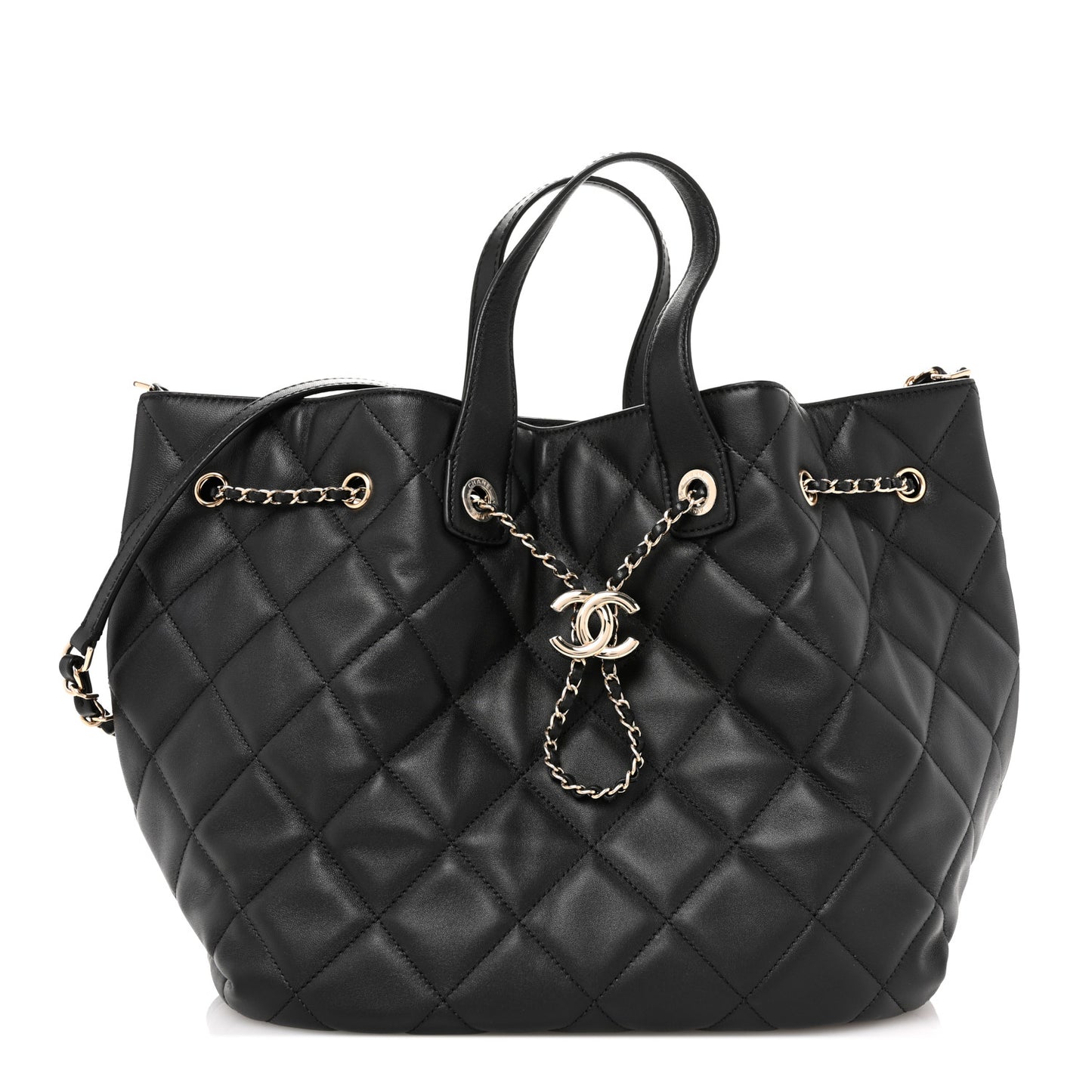 Lambskin Quilted CC Dweller Drawstring Tote Black