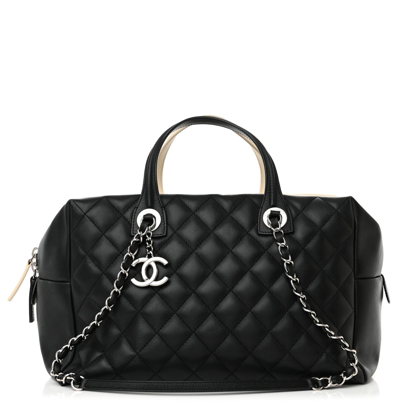 Calfskin Quilted Large Feather Weight Bowling Bag Black Ivory
