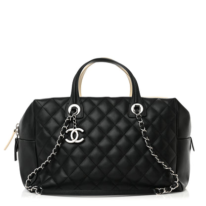 Chanel Calfskin Quilted Large Feather Weight Bowling Bag Black Ivory 1 of 21