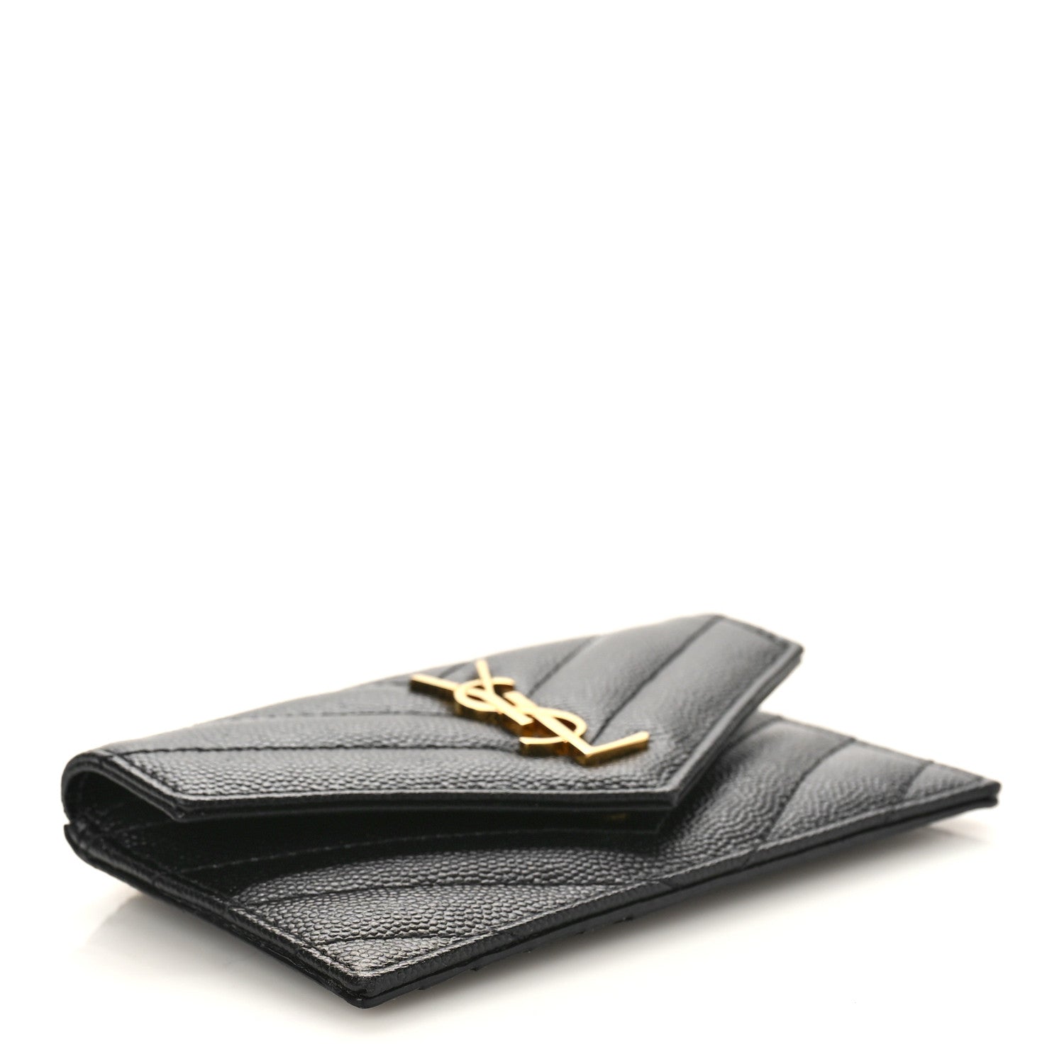 Saint Laurent Grain De Poudre Matelasse Chevron Monogram Compact Wallet Black 4 of 10