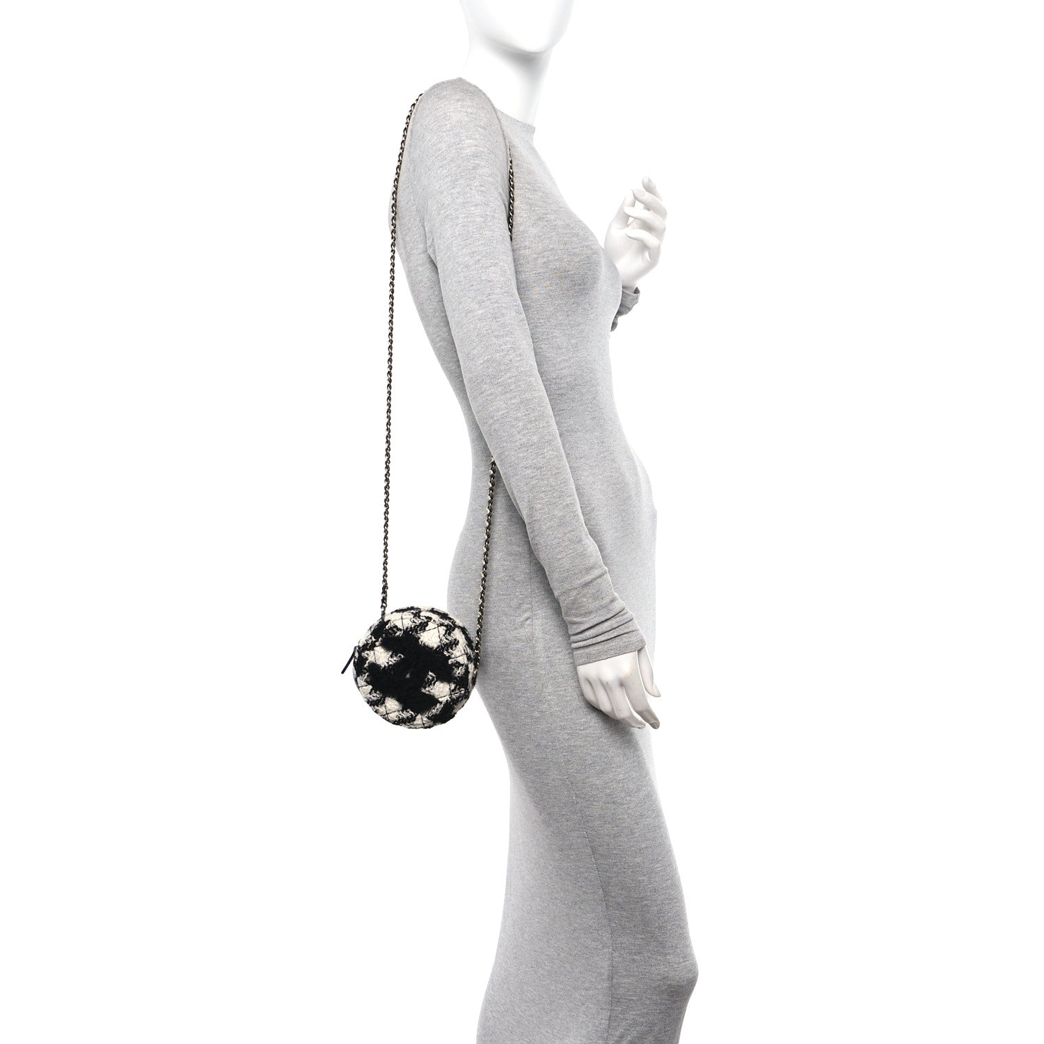 Chanel Wool Tweed Lambskin Quilted Round Clutch With Chain and Coin Purse Black White 2 of 12