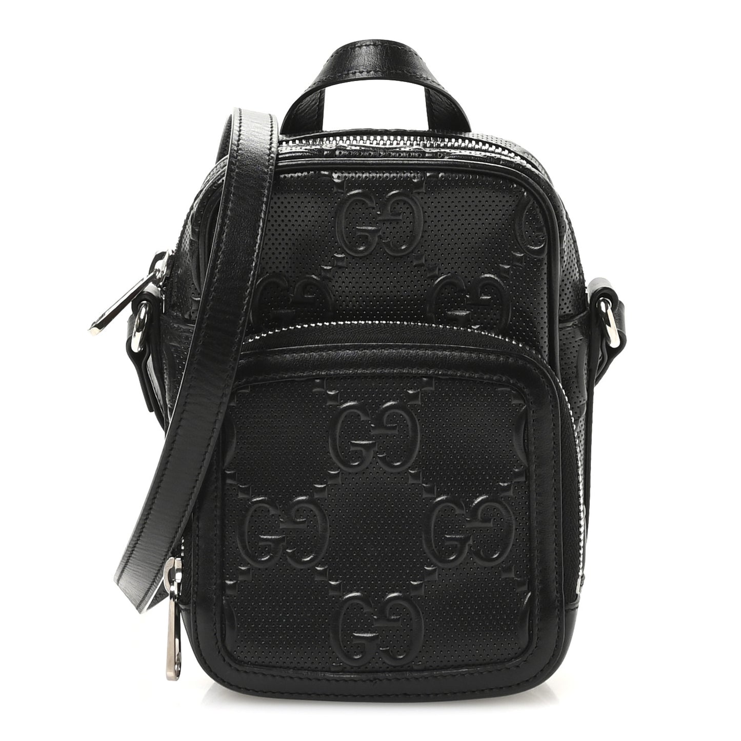 Calfskin GG Tennis Embossed Mini Double Zip Messenger Bag Black