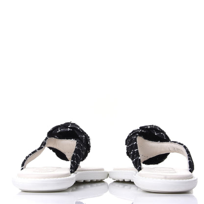 Chanel Tweed Quilted Camellia Thong Sandals 39 Black White 6 of 11