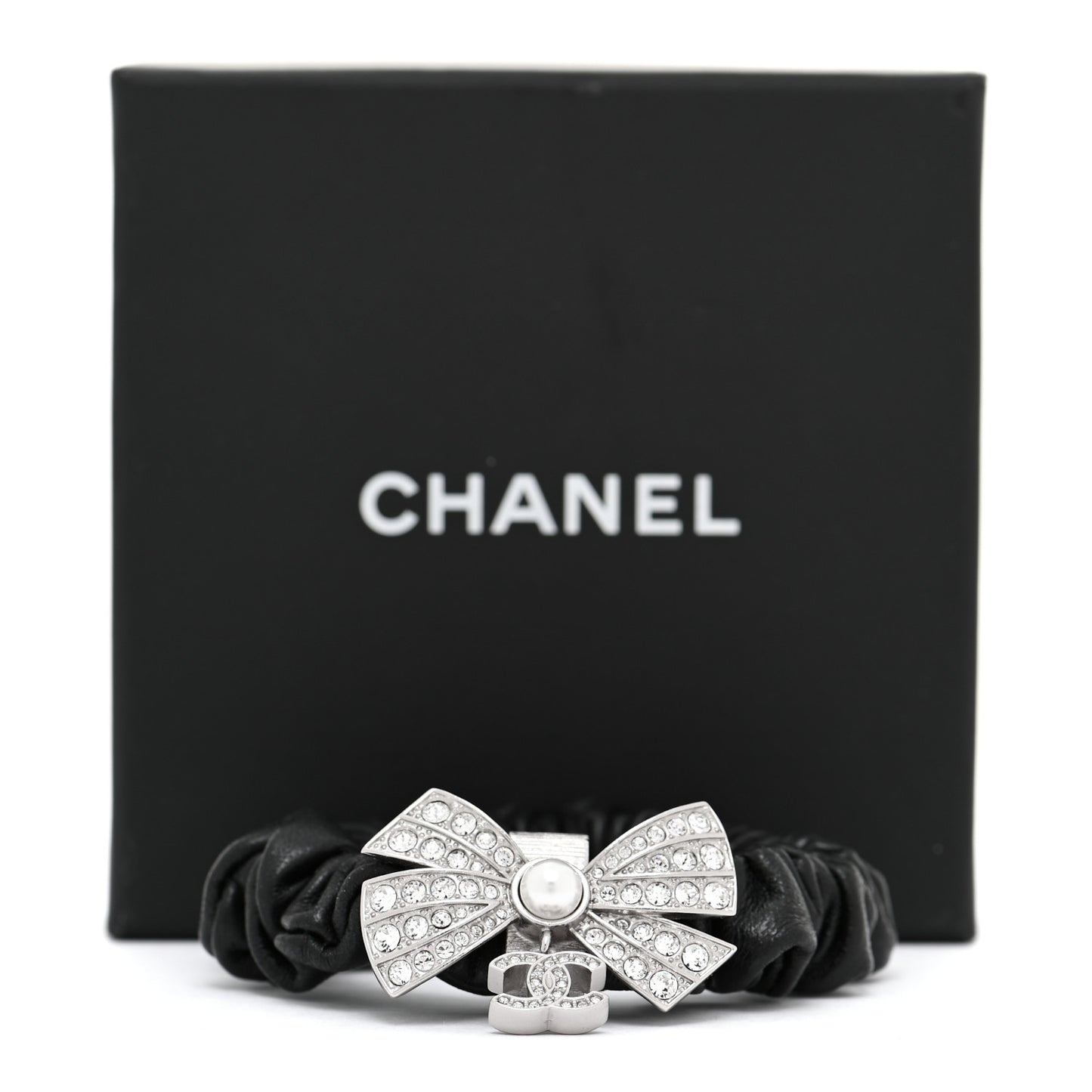 Lambskin Crystal Pearl CC Hair Scrunchie Black SIlver
