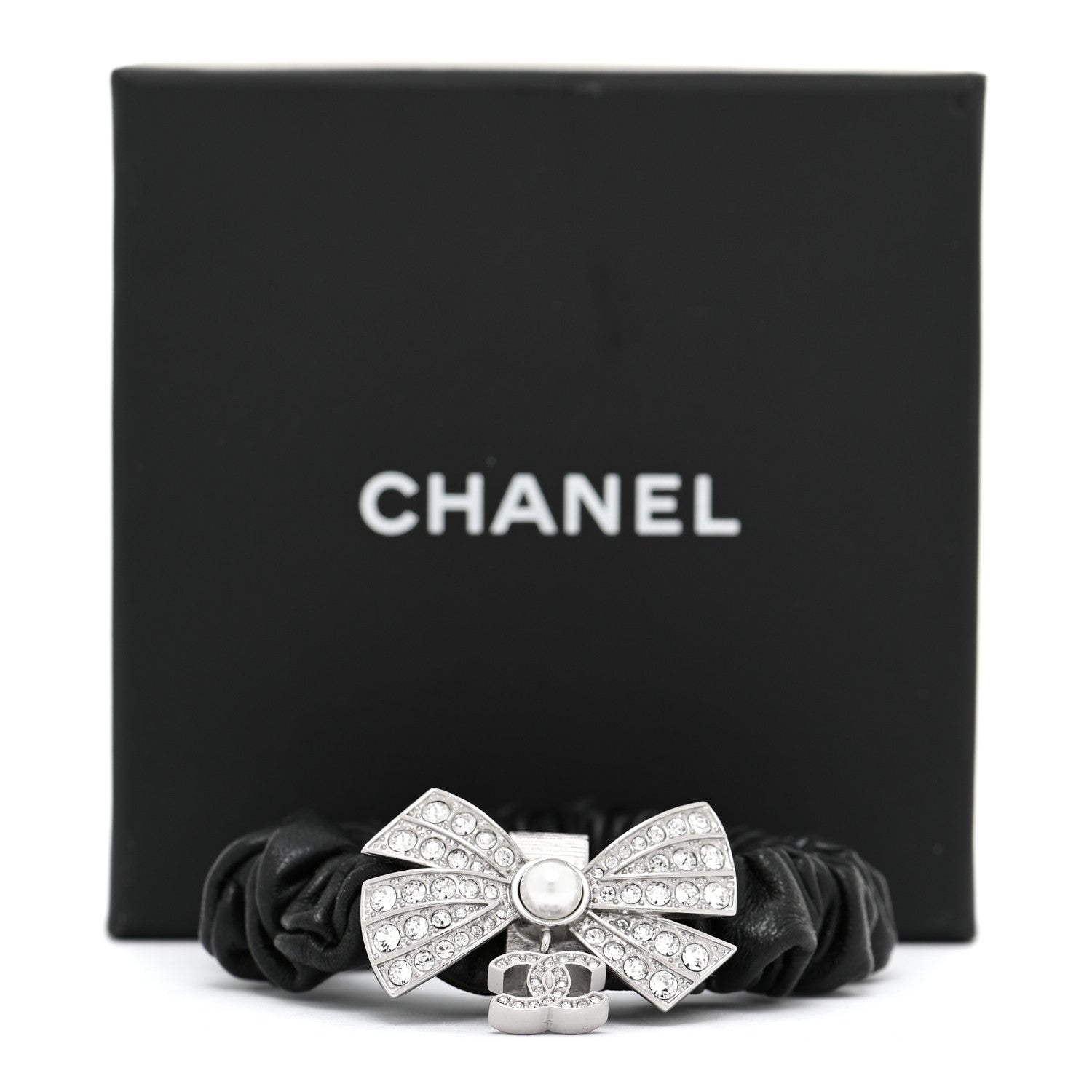 Chanel Lambskin Crystal Pearl CC Hair Scrunchie Black SIlver 5 of 5