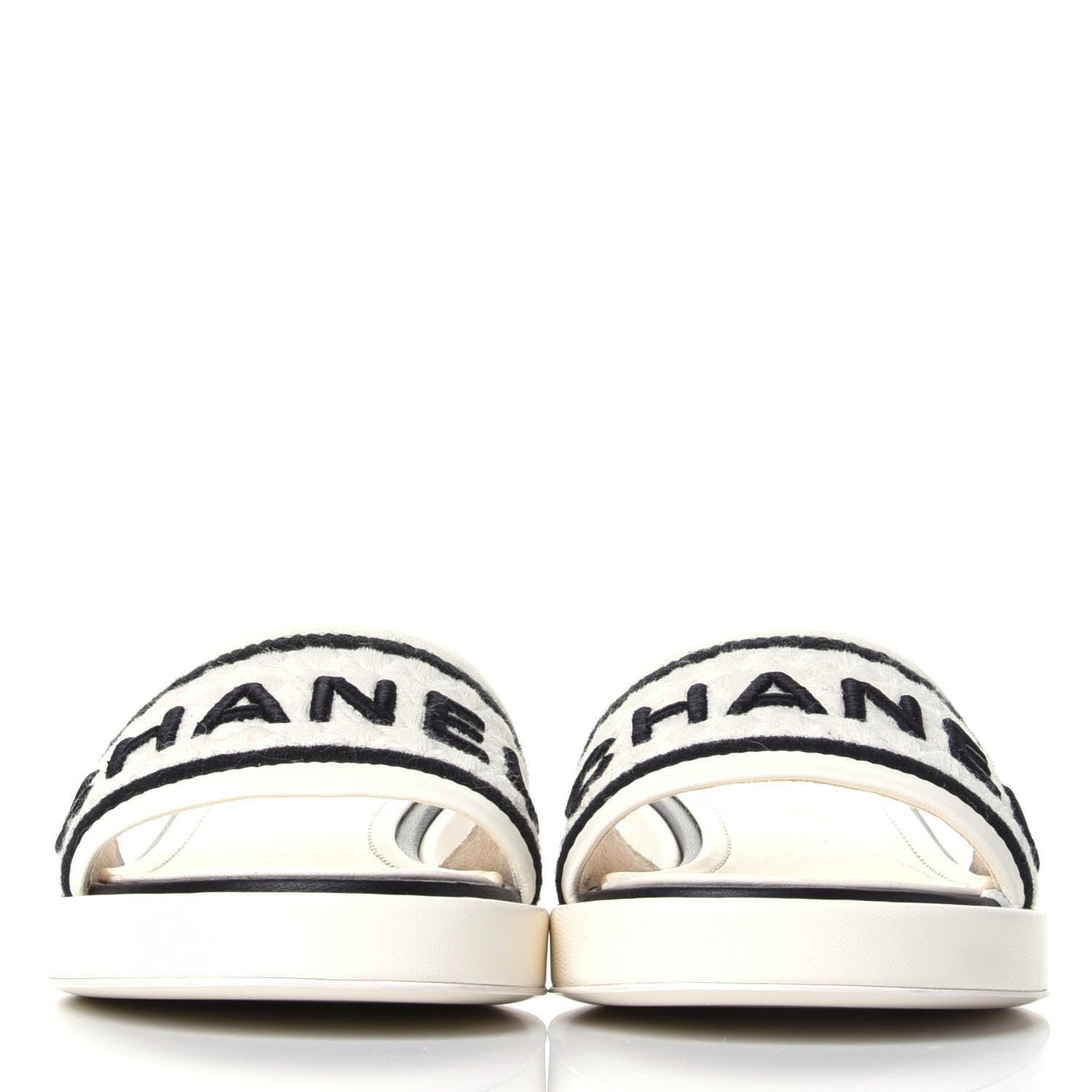 Chanel Lambskin Embroidered Logo Mules 36.5 Ivory Black 2 of 11