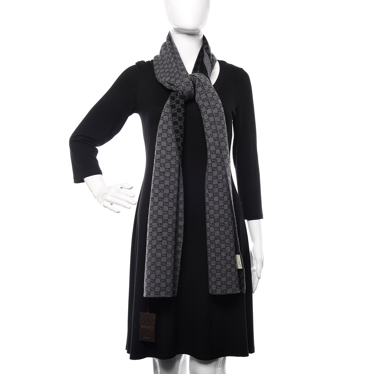 Gucci Wool Tricot GG Monogram Web New Lunicart Scarf Grey Black 2 of 5