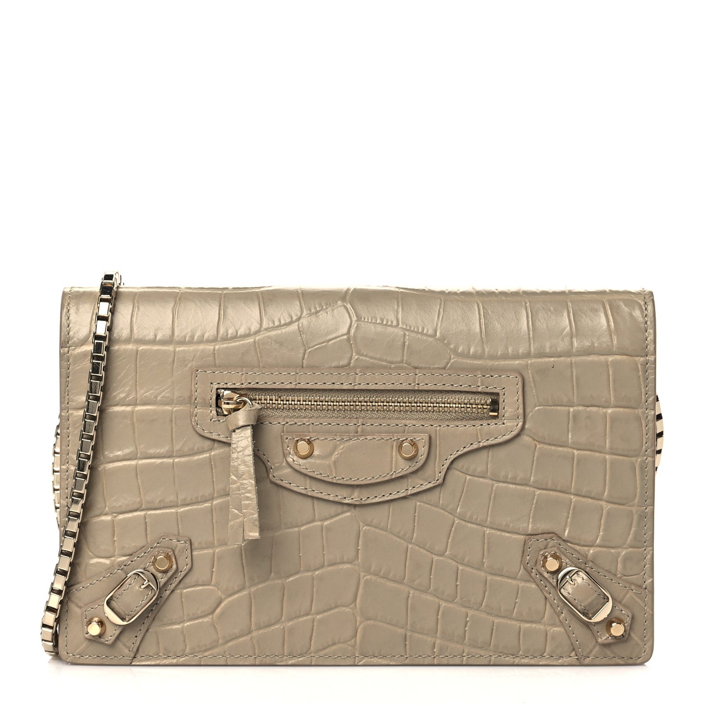 Calfskin Crocodile Embossed Classic Gold Hardware Wallet on Chain Beige Latte