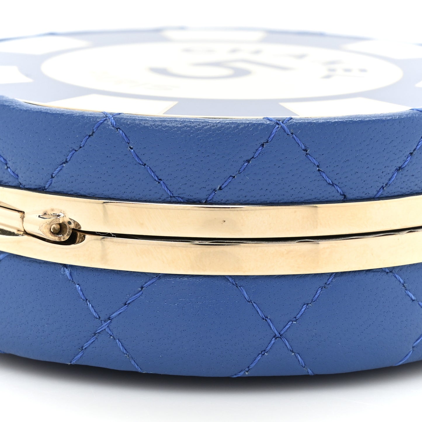Lambskin Enamel Quilted Round Poker Chip Clutch With Chain Blue White
