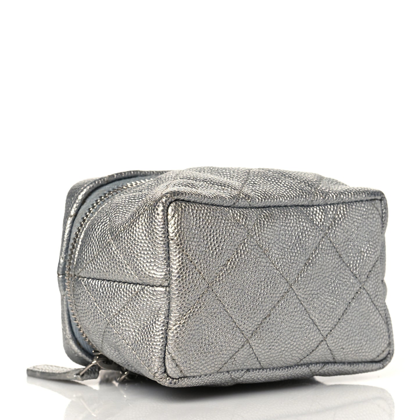 Metallic Caviar Quilted Mini Top Handle Vanity With Chain Silver