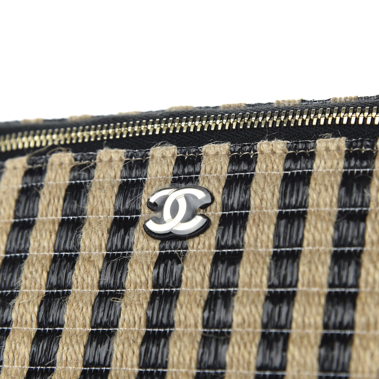 Raffia Jute Striped Small Vanity Case With Chain Black Beige