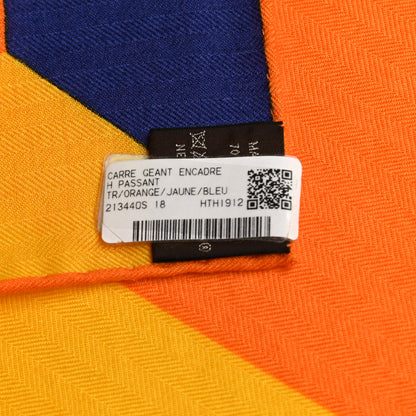 Hermes Cashmere Silk Encadre H Passant Giant Scarf 140 Orange Jaune Bleu 4 of 4