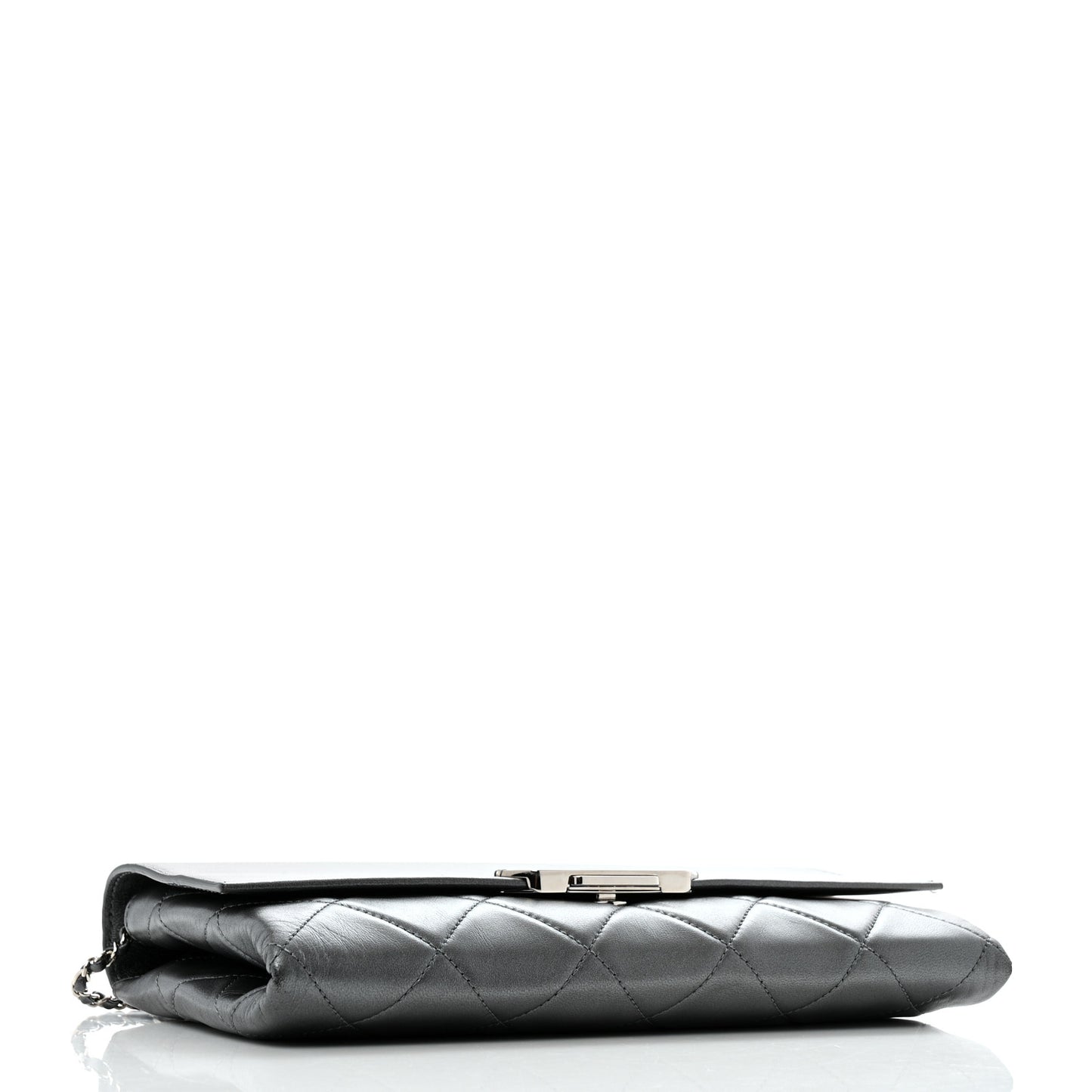 Metallic Lambskin Quilted Retro Label Clutch Charcoal Grey