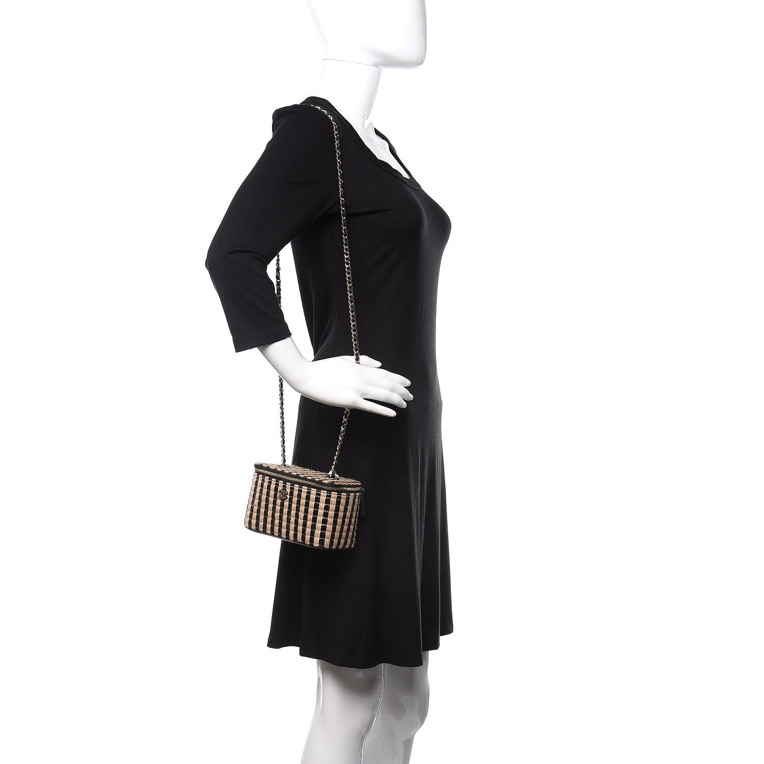 Chanel Raffia Jute Striped Small Vanity Case With Chain Black Beige 2 of 11