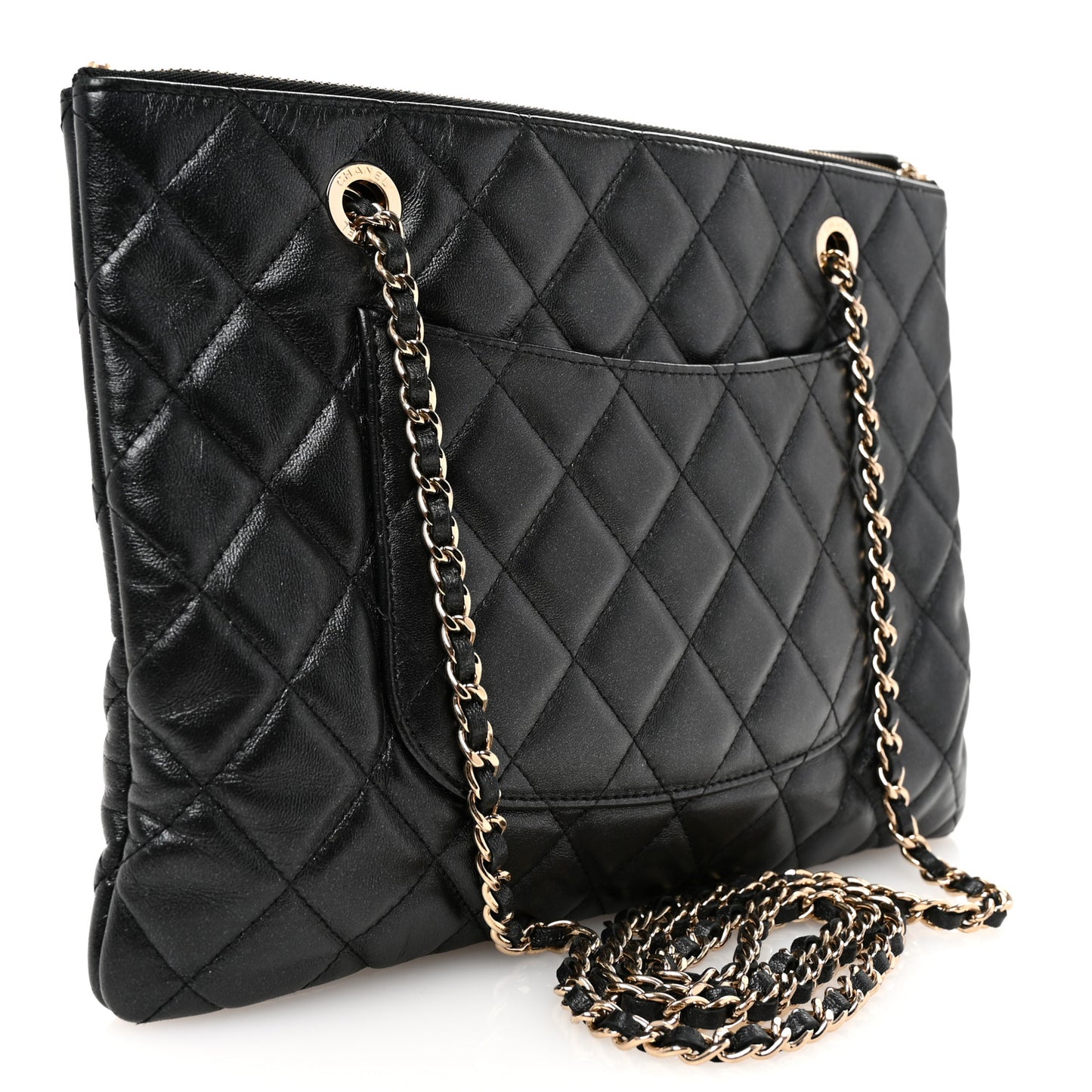 Shiny Lambskin Quilted Medium Double Case With Strap Black