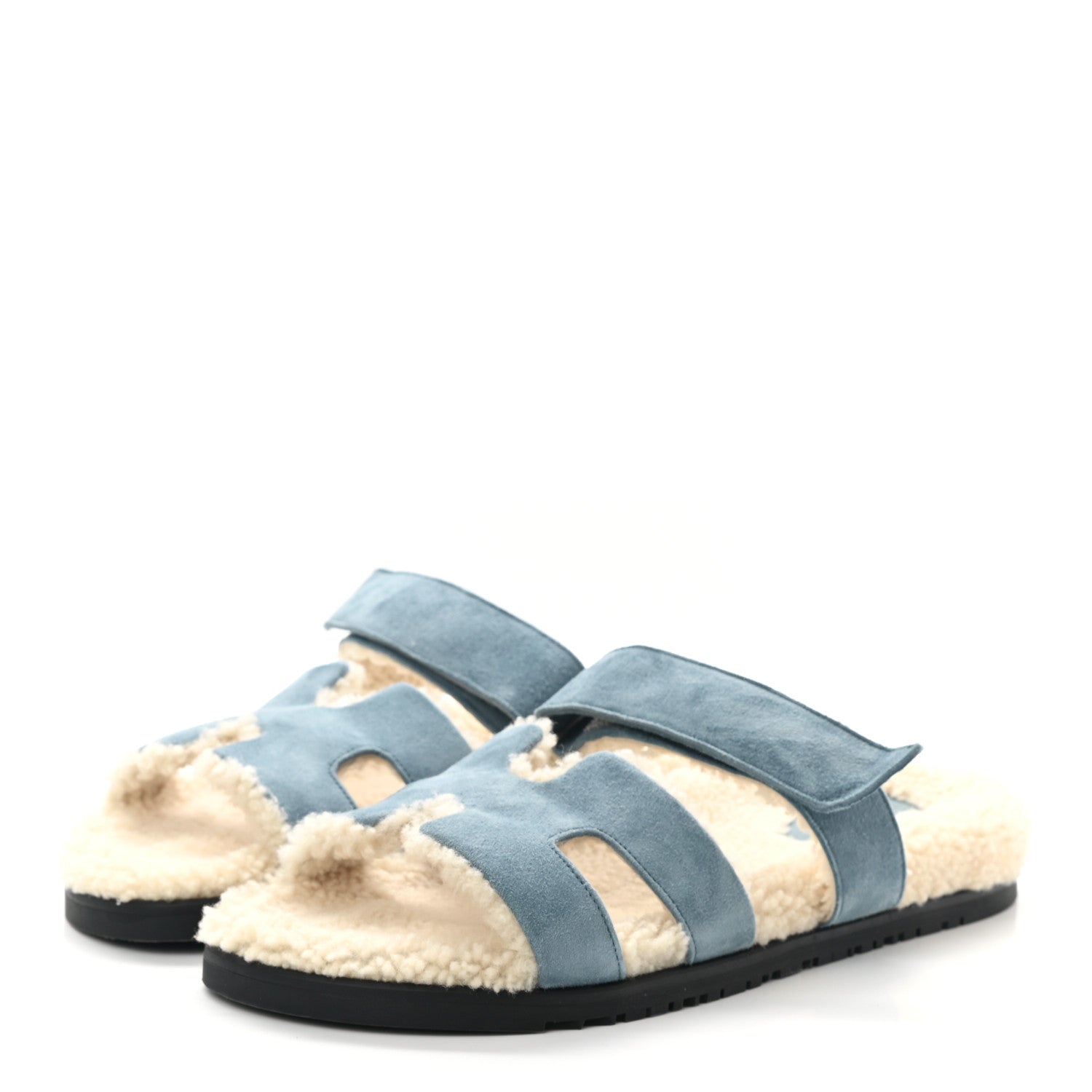 Hermes Suede Goatskin Woolskin Womens Chypre Sandals 40.5 Bleu Pinede Ecru 3 of 8